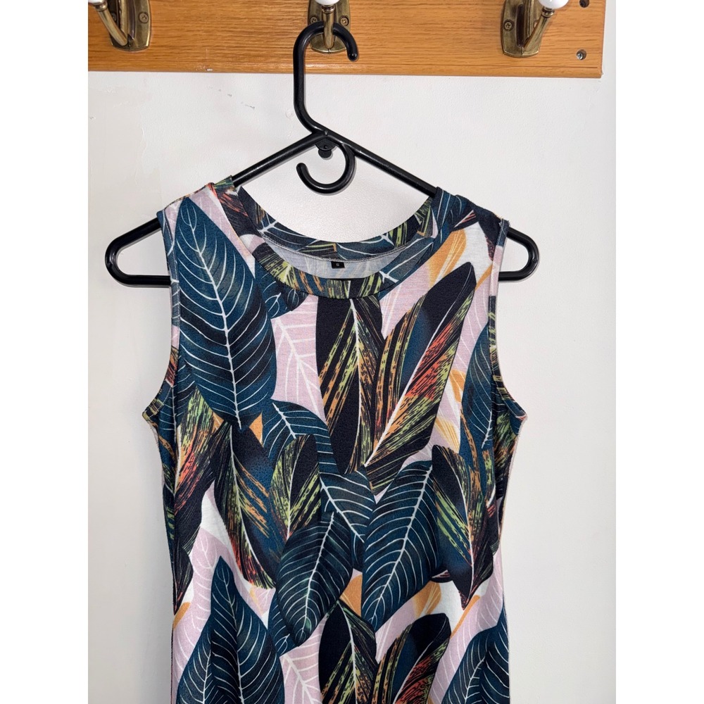 Tropical Leaf Print Sleeveless Tulip Hem Maxi Dress Navy Green Orange size Small